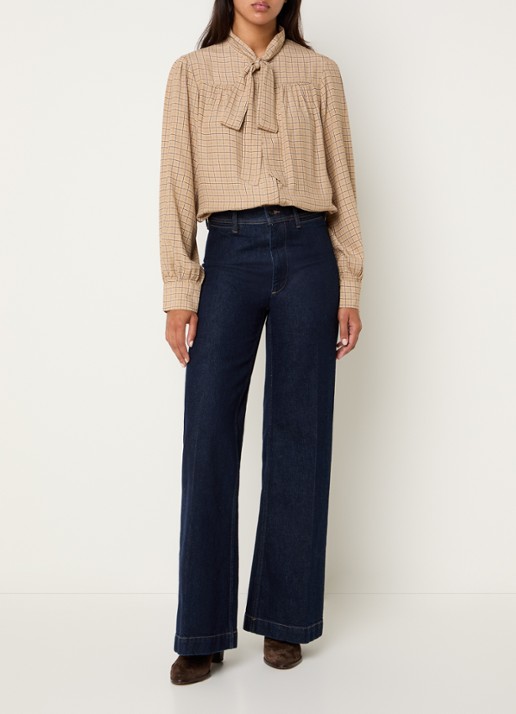 Benetton Blouse met ruitdessin en sjaalkraag - voorkant 3 beige
