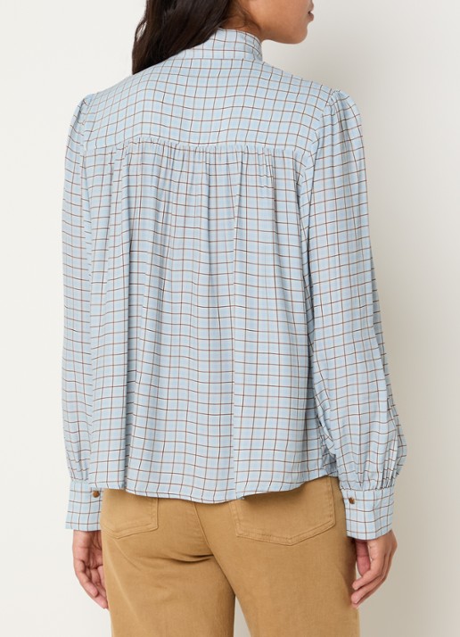 Benetton Blouse met ruitdessin en sjaalkraag - achterkant lichtblauw