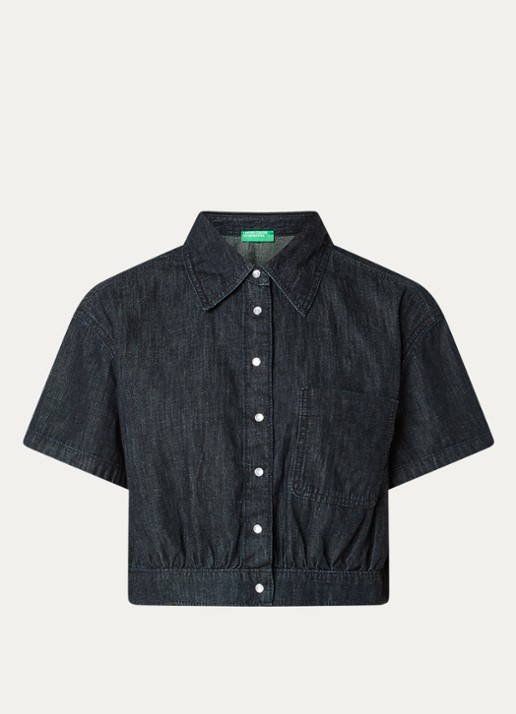 Benetton Blouse van denim met borstzak - voorkant indigo
