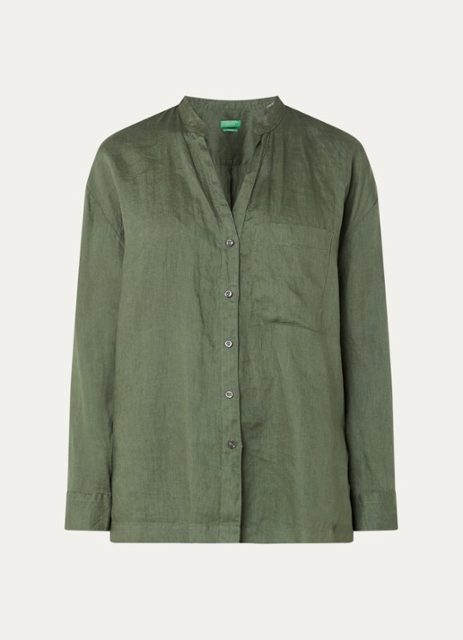 Benetton Blouse van linnen met borstzak - voorkant 3 bronsgroen