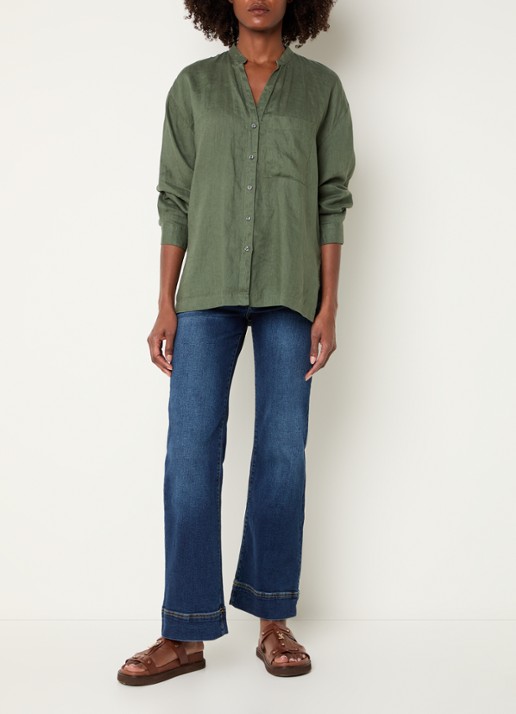 Benetton Blouse van linnen met borstzak - voorkant 4 bronsgroen