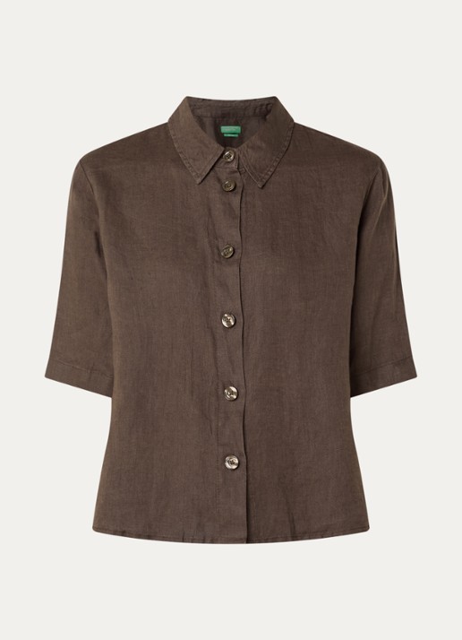 Benetton Blouse van linnen  - voorkant donkerbruin