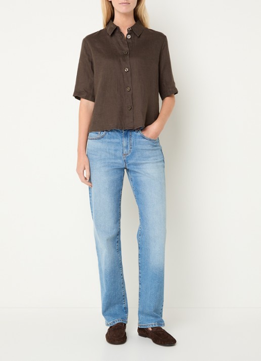 Benetton Blouse van linnen  - voorkant 2 donkerbruin