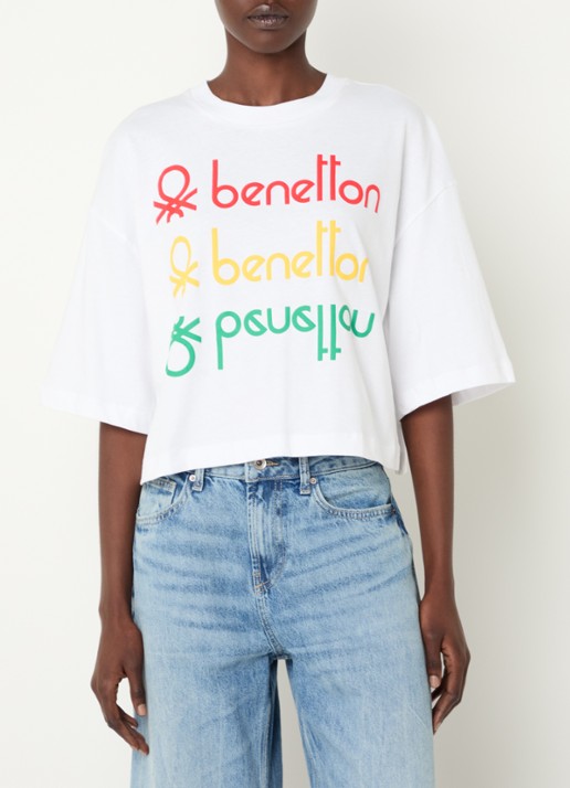 Benetton Cropped T-shirt met logo- en backprint - detail wit
