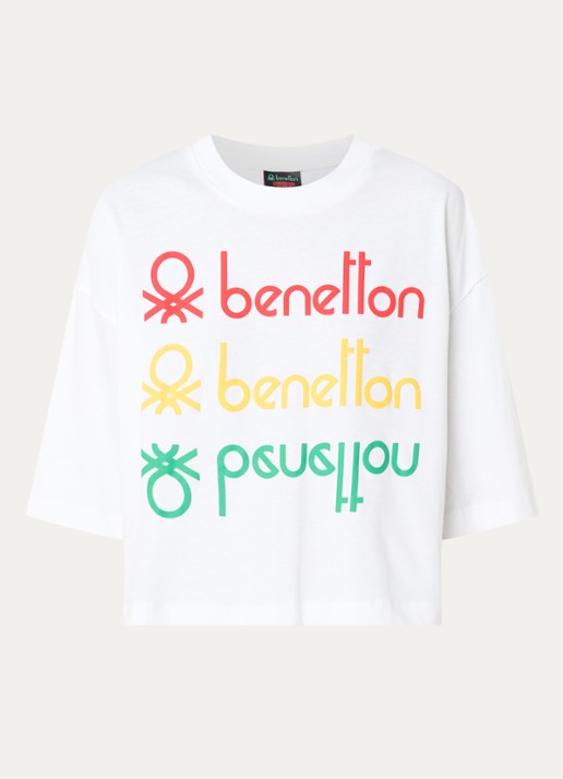 Benetton Cropped T-shirt met logo- en backprint - voorkant 3 wit