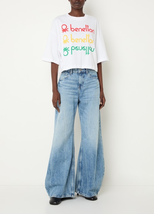 Benetton Cropped T-shirt met logo- en backprint - voorkant 4 wit