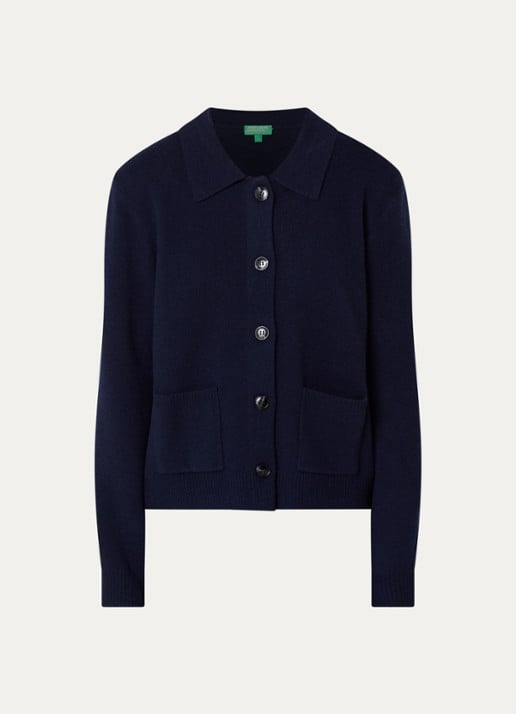 Benetton Fijngebreid vest in kasjmierblend met kraag en opgestikte zakken - voorkant 3 donkerblauw