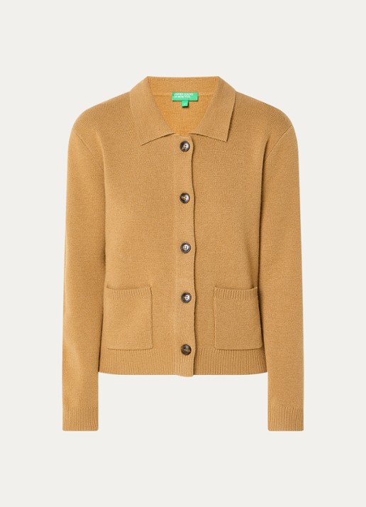 Benetton Fijngebreid vest in kasjmierblend met kraag en opgestikte zakken - voorkant 2 camel