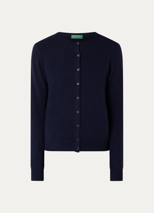 Benetton Fijngebreid vest van scheerwol met ronde hals - voorkant donkerblauw