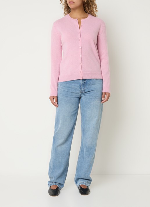 Benetton Fijngebreid vest van scheerwol met ronde hals - voorkant 3 lichtroze melee / lichtroze