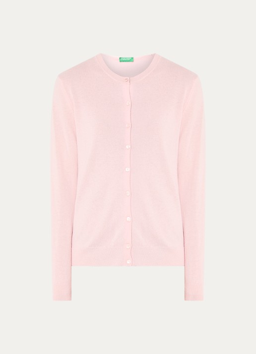 Benetton Fijngebreid vest van scheerwol met ronde hals - voorkant 2 lichtroze-04u / roze