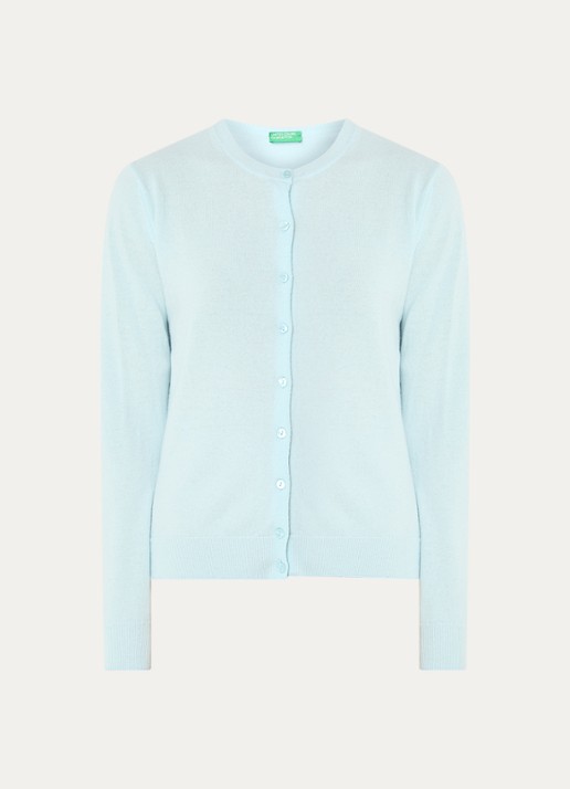 Benetton Fijngebreid vest van scheerwol met ronde hals - voorkant 2 lichtblauw-24a / lichtblauw