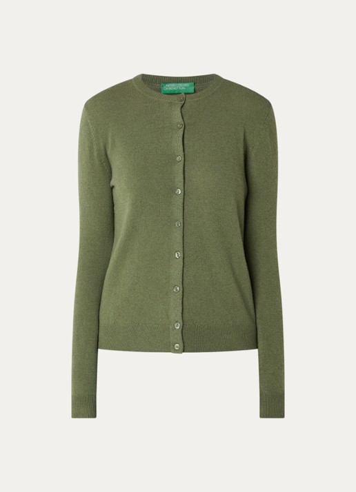 Benetton Fijngebreid vest van scheerwol met ronde hals - voorkant 2 groen-15r / legergroen