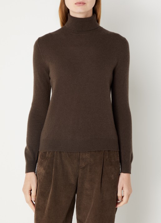 Benetton Fijngebreide coltrui van merino wol - detail chocoladebruin
