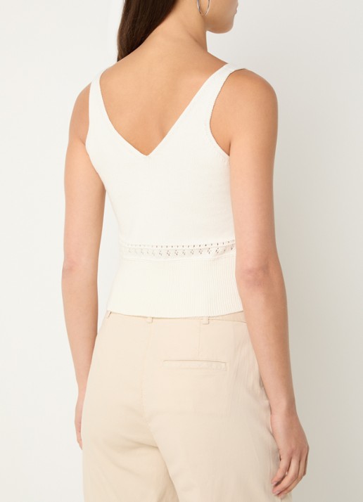 Benetton Fijngebreide cropped tanktop met bloemborduring - achterkant creme