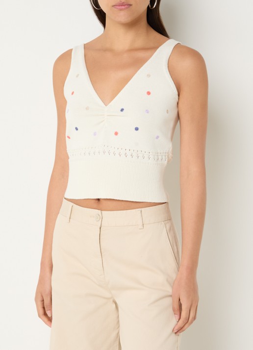 Benetton Fijngebreide cropped tanktop met bloemborduring - detail 4 creme