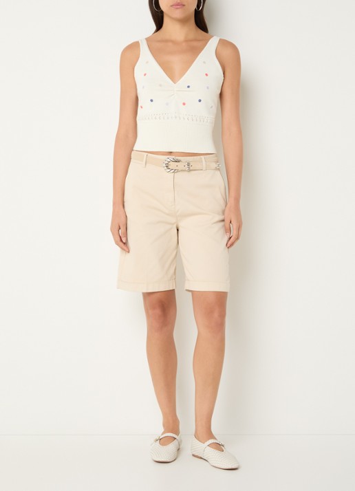 Benetton Fijngebreide cropped tanktop met bloemborduring - voorkant 3 creme