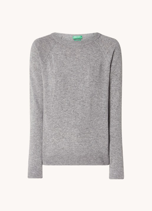 Benetton Fijngebreide pullover in kasjmierblend met ronde hals  - voorkant 3 lichtgrijs
