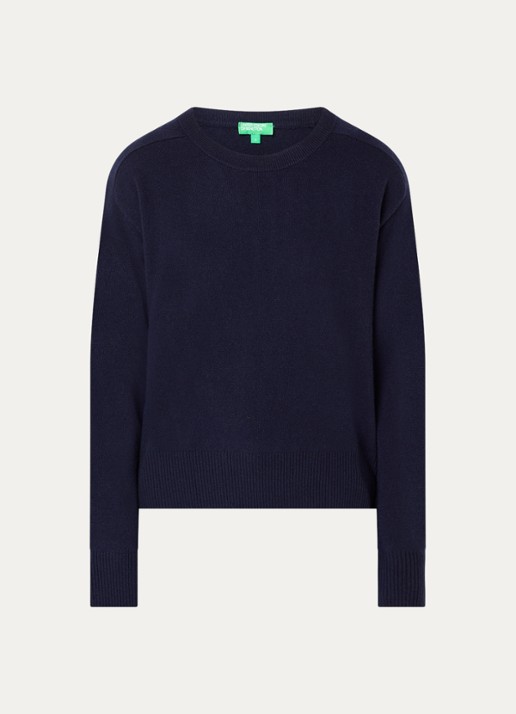 Benetton Fijngebreide pullover in kasjmierblend met ronde hals - voorkant 3 donkerblauw