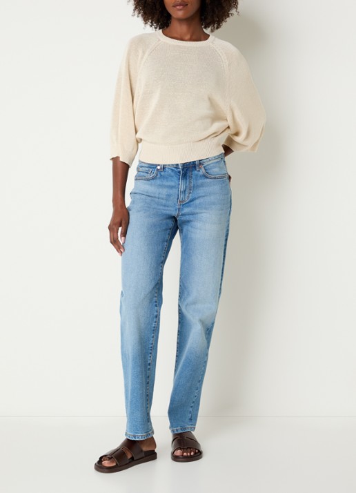 Benetton Fijngebreide pullover in linnenblend met ronde hals - voorkant 3 creme