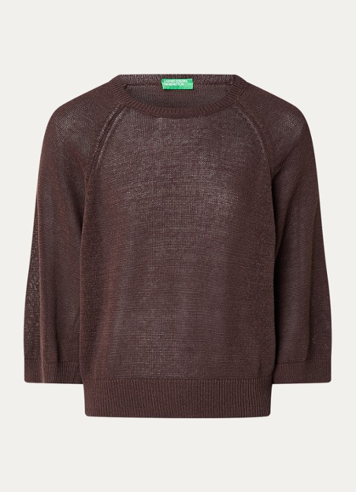 Benetton Fijngebreide pullover in linnenblend met ronde hals - voorkant 2 bruin