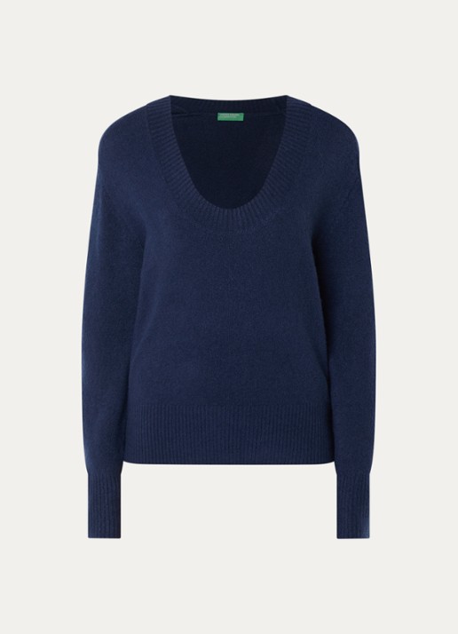 Benetton Fijngebreide pullover in wolblend met V-hals - voorkant donkerblauw