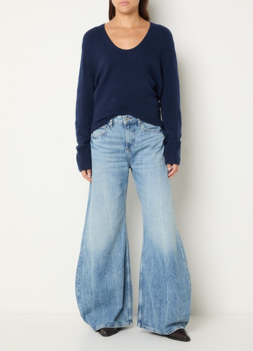 Benetton Fijngebreide pullover in wolblend met V-hals - voorkant 2 donkerblauw