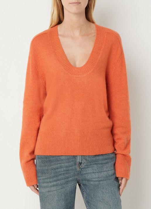 Benetton Fijngebreide pullover in wolblend met V-hals - detail 3 oranjerood