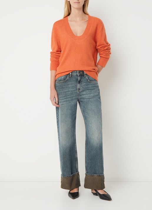 Benetton Fijngebreide pullover in wolblend met V-hals - voorkant 2 oranjerood