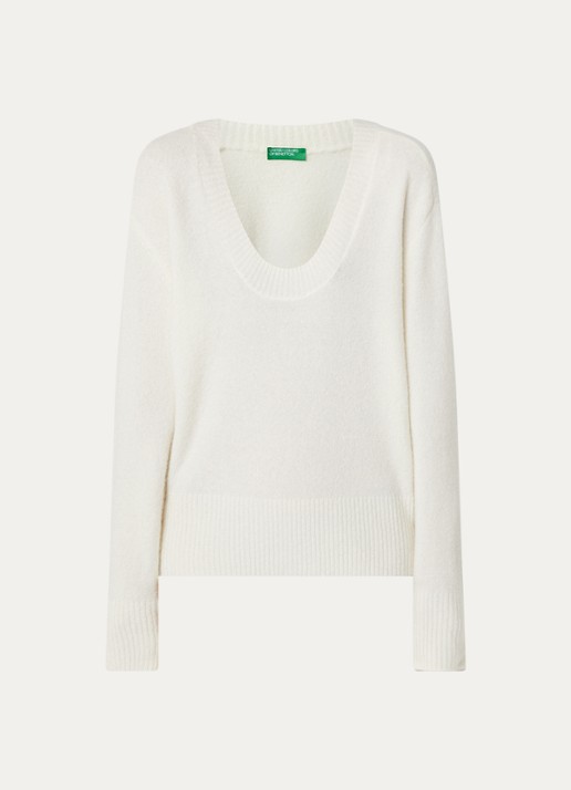 Benetton Fijngebreide pullover in wolblend met V-hals - voorkant 3 gebroken wit