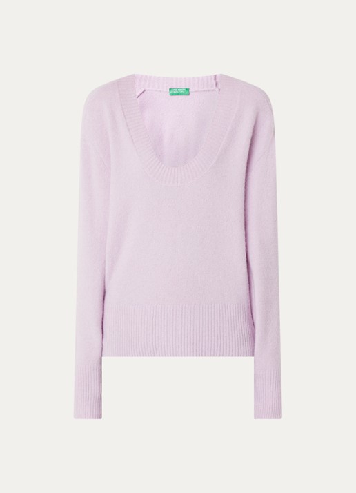 Benetton Fijngebreide pullover in wolblend met V-hals - voorkant 2 lichtroze