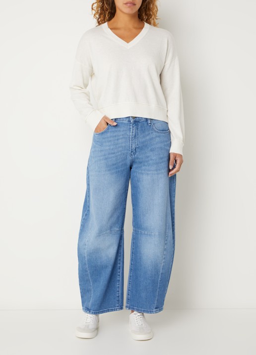Benetton Fijngebreide pullover in wolblend met V-hals - voorkant 2 creme