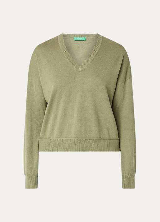 Benetton Fijngebreide pullover in wolblend met V-hals - voorkant 2 groen