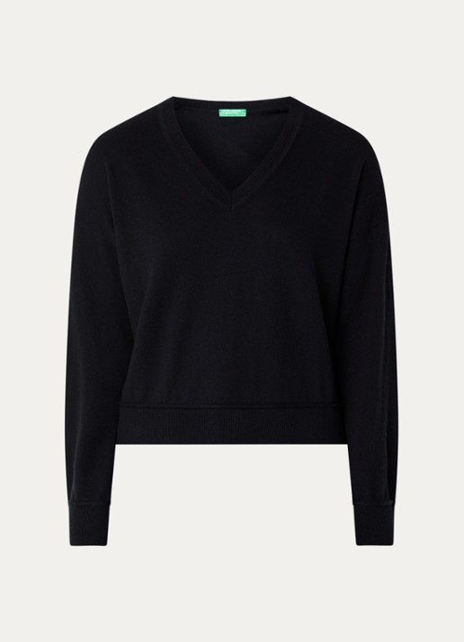 Benetton Fijngebreide pullover in wolblend met V-hals - voorkant zwart