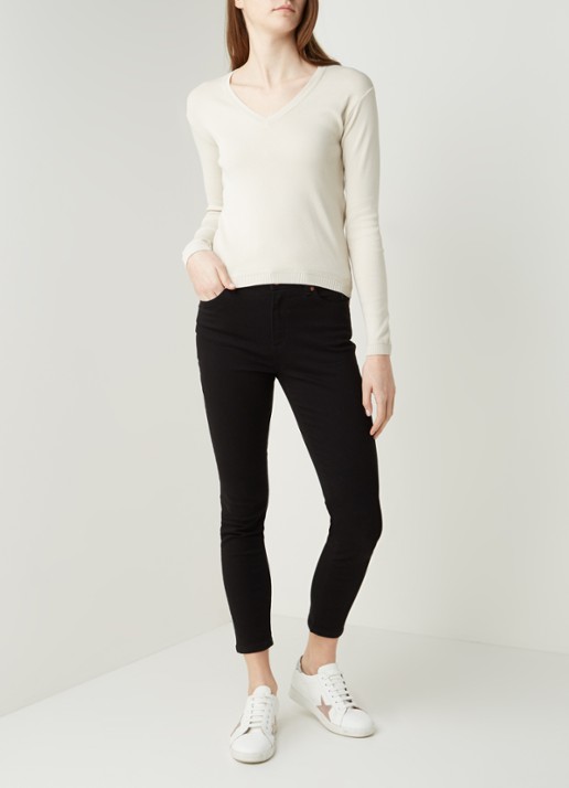 Benetton Fijngebreide pullover met V-hals - voorkant 2 zand