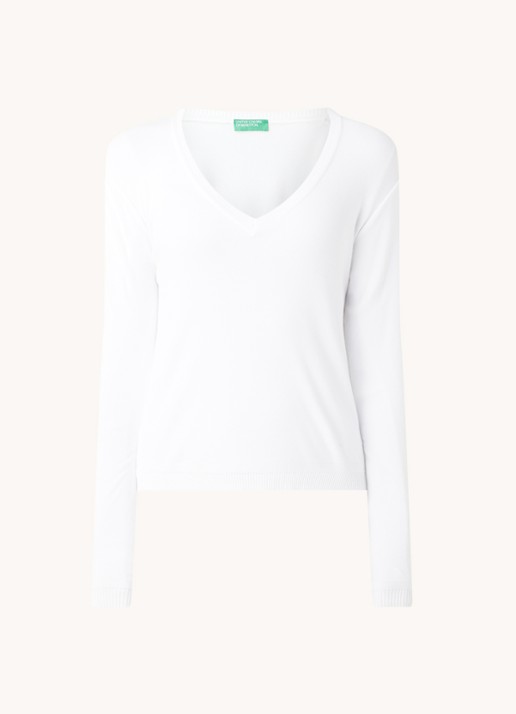 Benetton Fijngebreide pullover met V-hals - voorkant 6 gebroken wit