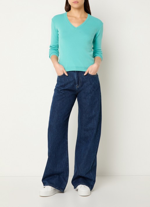 Benetton Fijngebreide pullover met V-hals - voorkant 4 turquoise