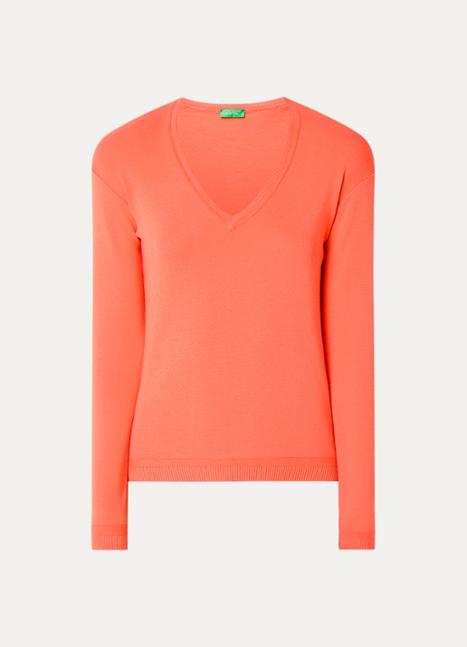 Benetton Fijngebreide pullover met V-hals - voorkant oranje