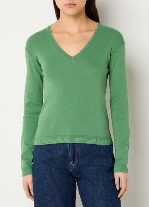 Benetton Fijngebreide pullover met V-hals - detail olijfgroen