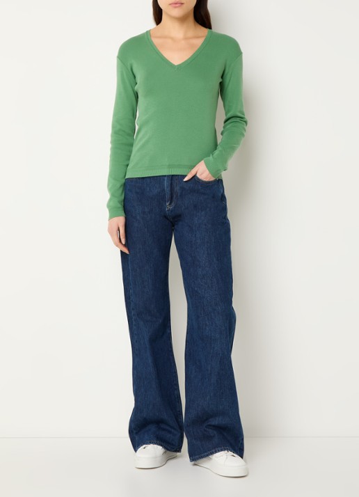 Benetton Fijngebreide pullover met V-hals - voorkant 4 olijfgroen