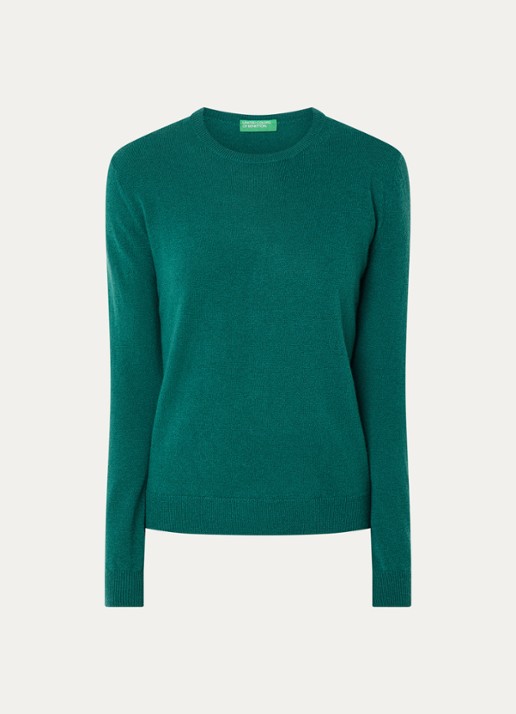 Benetton Fijngebreide pullover van merino wol - voorkant donkergroen