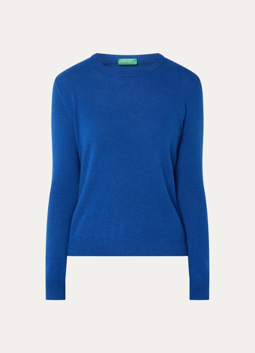 Benetton Fijngebreide pullover van merino wol - voorkant 2 kobaltblauw