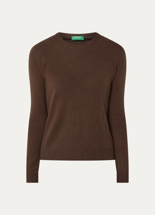 Benetton Fijngebreide pullover van merino wol - voorkant 2 donkerbruin