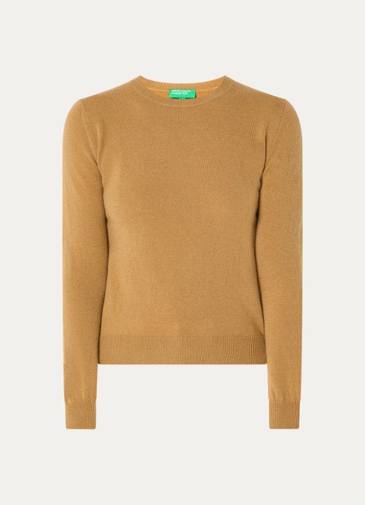 Benetton Fijngebreide pullover van merino wol - voorkant 5 camel