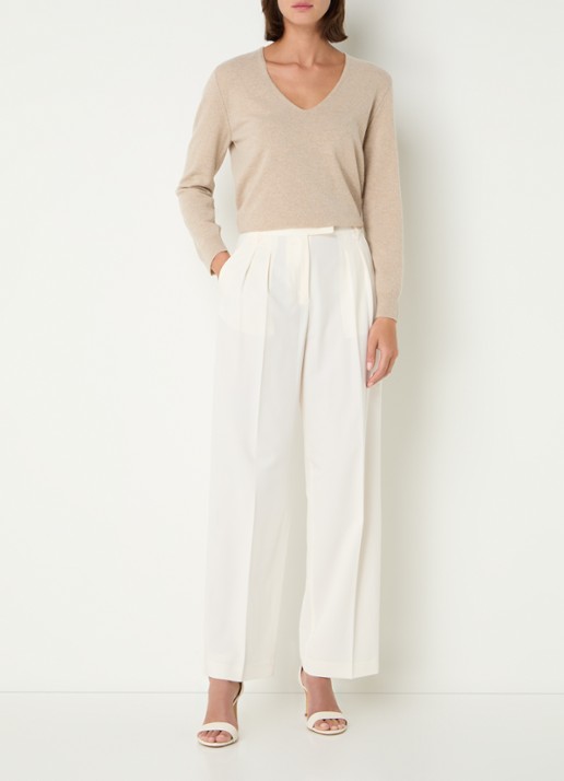 Benetton Fijngebreide pullover van scheerwol met V-hals - voorkant 3 beige