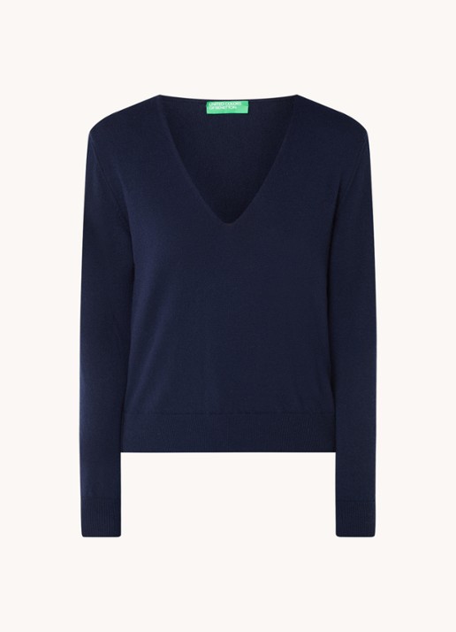 Benetton Fijngebreide pullover van scheerwol met V-hals - voorkant blauw