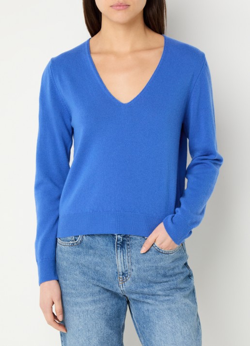 Benetton Fijngebreide pullover van scheerwol met V-hals - detail blauw