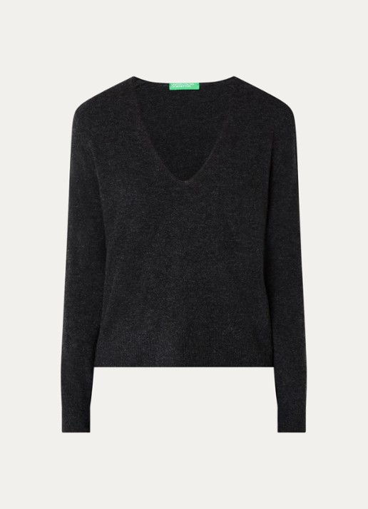 Benetton Fijngebreide pullover van scheerwol met V-hals - voorkant 3 donkergrijs