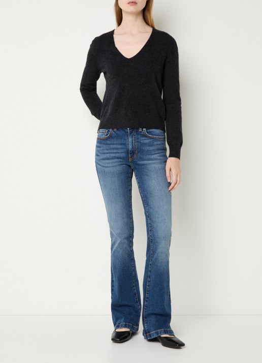 Benetton Fijngebreide pullover van scheerwol met V-hals - voorkant 4 donkergrijs
