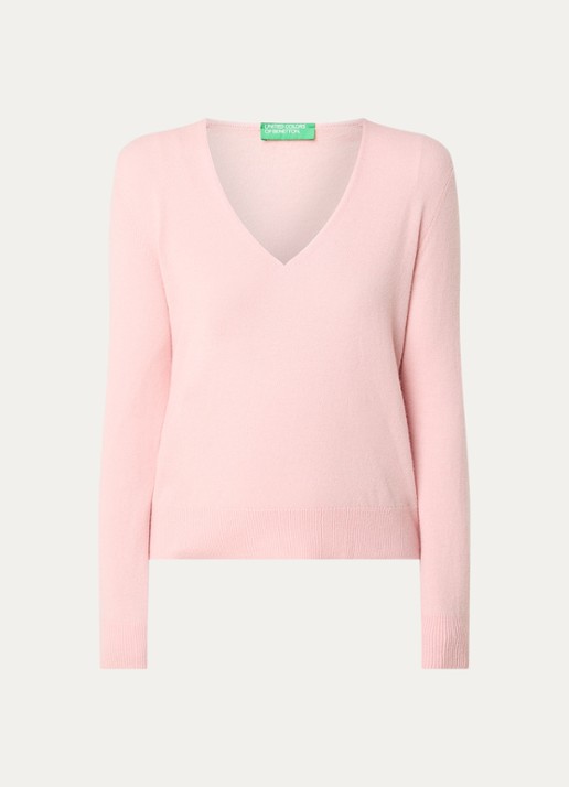 Benetton Fijngebreide pullover van scheerwol met V-hals - voorkant 5 lichtroze